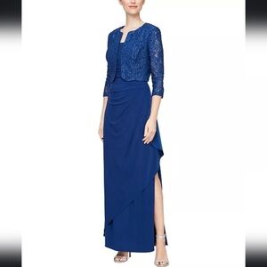 NWT Alex Evenings 2-Pc Lace Glitter Bolero Gown in Royal Blue Size 8 Petite
